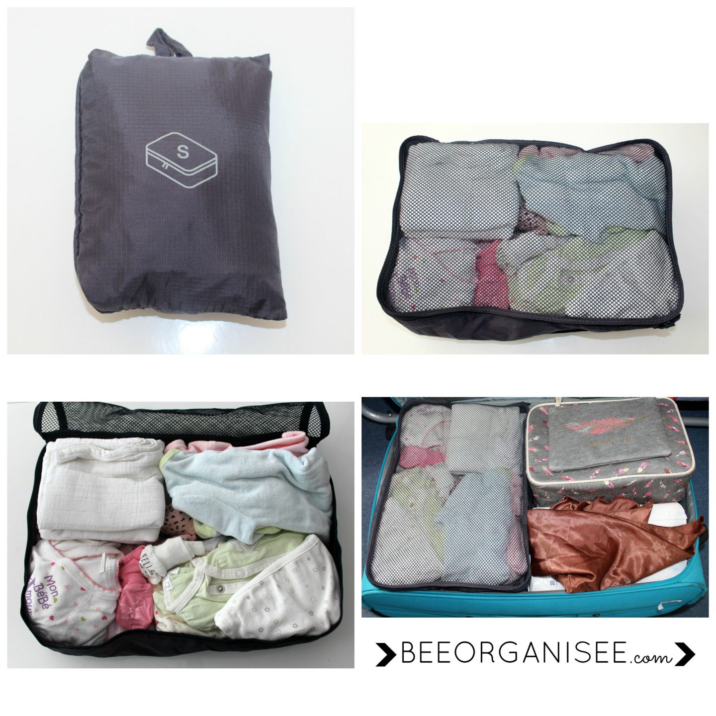 cubes de voyages - sac de rangement : indispensables pour une valise organisée! Les vêtements sont bien compactés et cela évite de trop emporter. Au retour, ils sont également très utiles pour regrouper le linge sale.